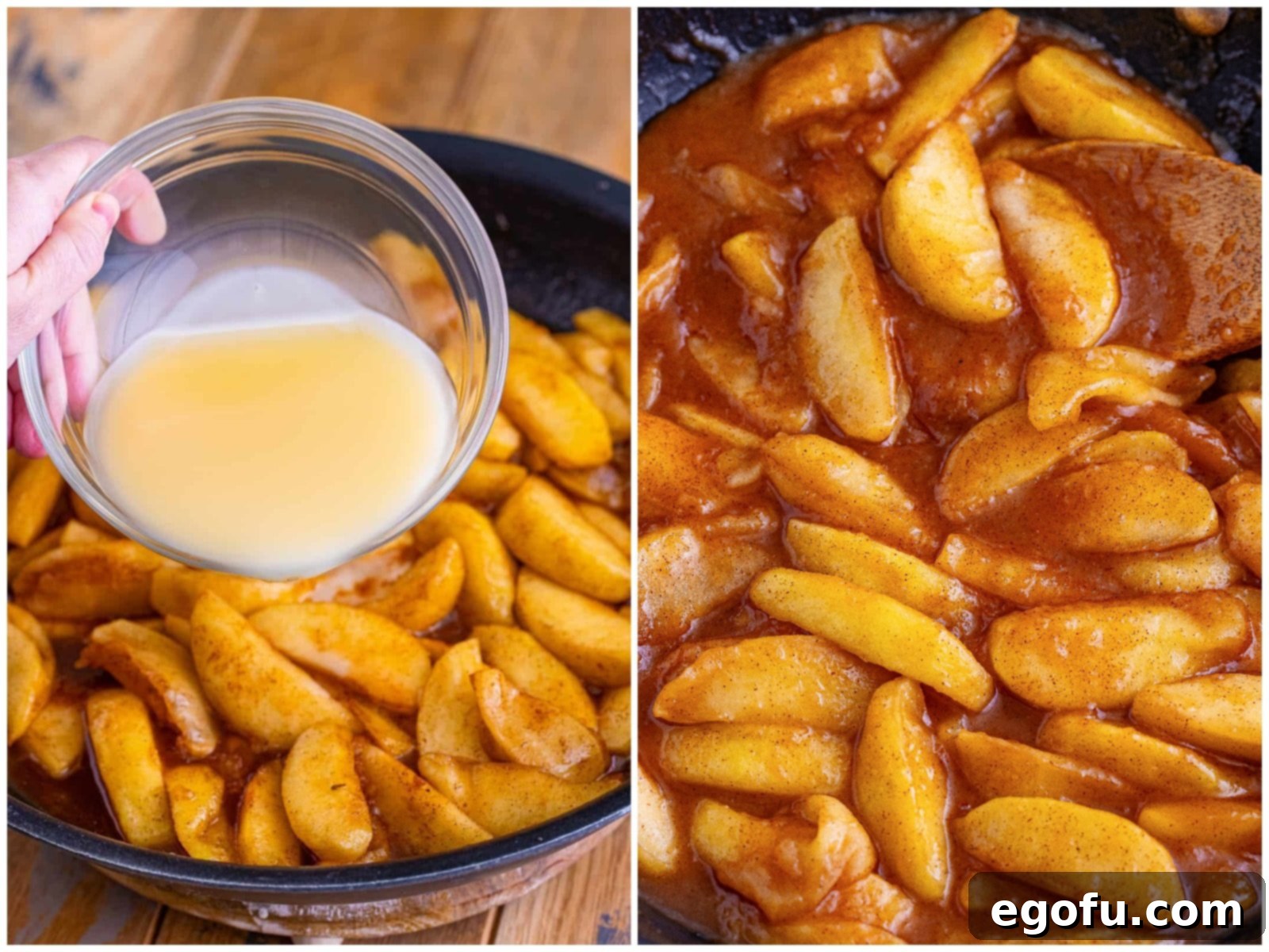 Collage showing two steps: first, the apple juice and cornstarch mixture being poured into the skillet with the tender apples; second, a wooden spoon stirring the thickened, glazed apples in the skillet.