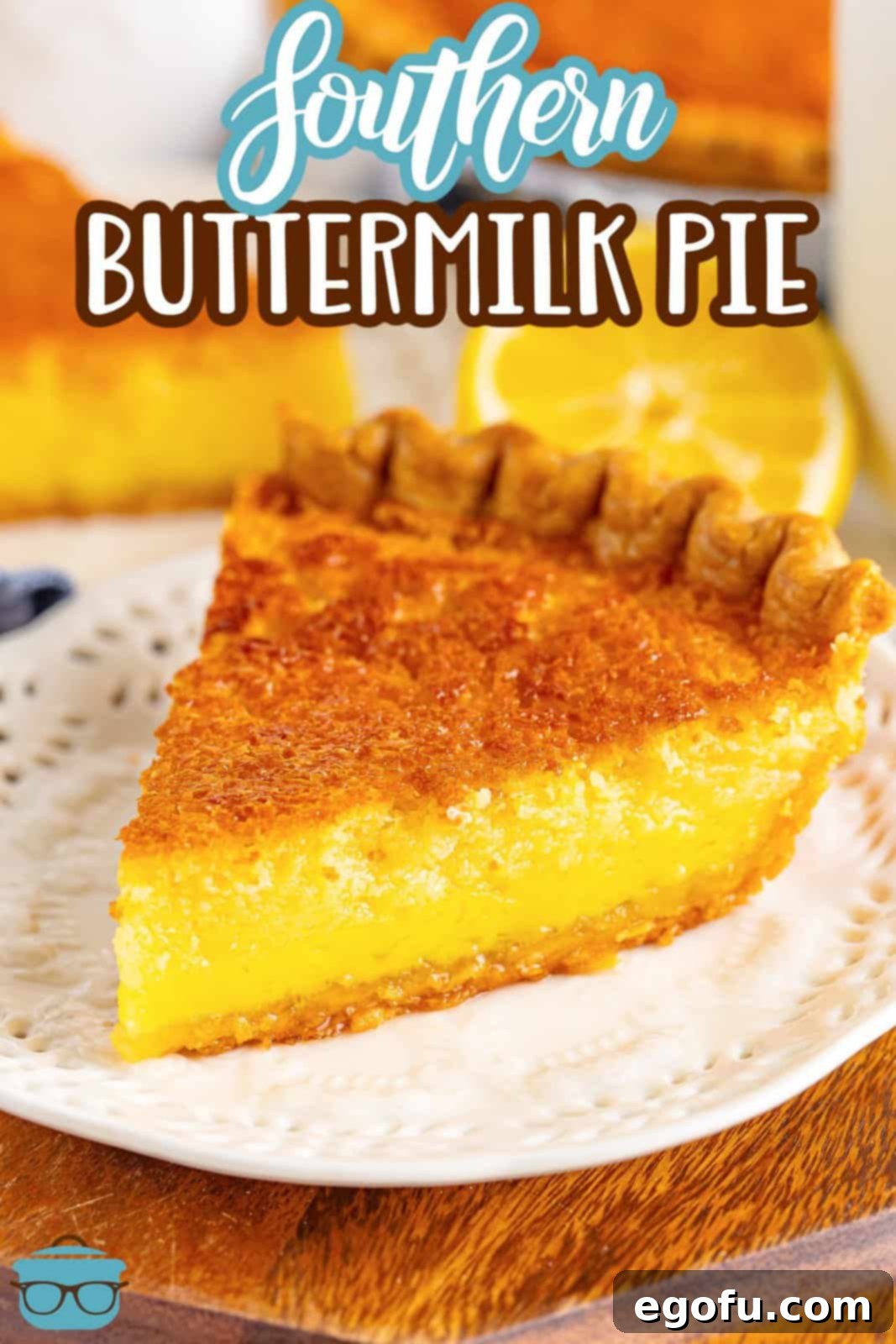 A perfectly baked slice of homemade Buttermilk Pie on a white dessert plate, showcasing its golden-brown crust and smooth, creamy filling.