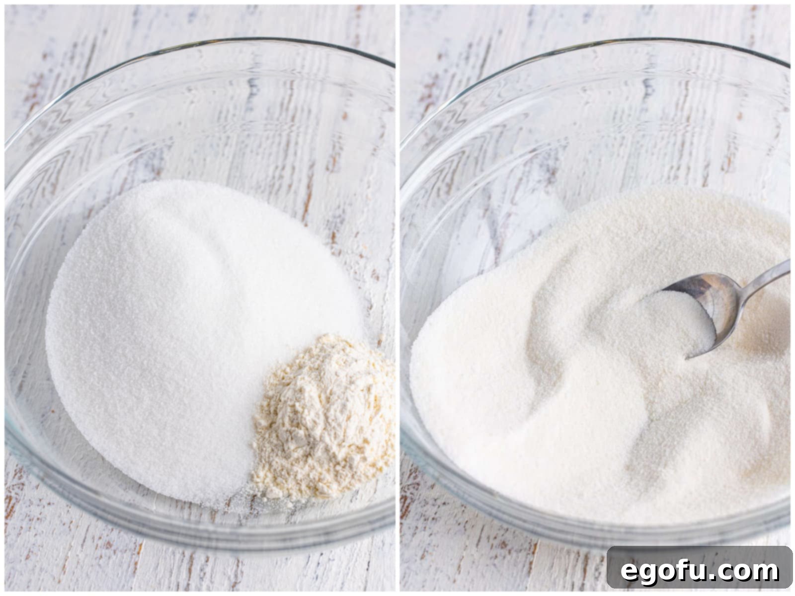 A collage of two photos: the first shows sugar and flour in a bowl, and the second shows them mixed together with a spoon.