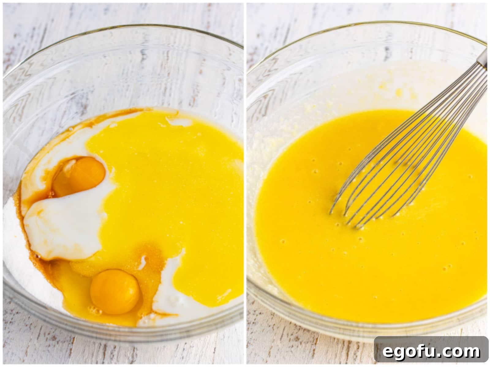 A collage of two photos: the first shows eggs, buttermilk, and vanilla added to a bowl, and the second shows a whisk mixing all the ingredients together.