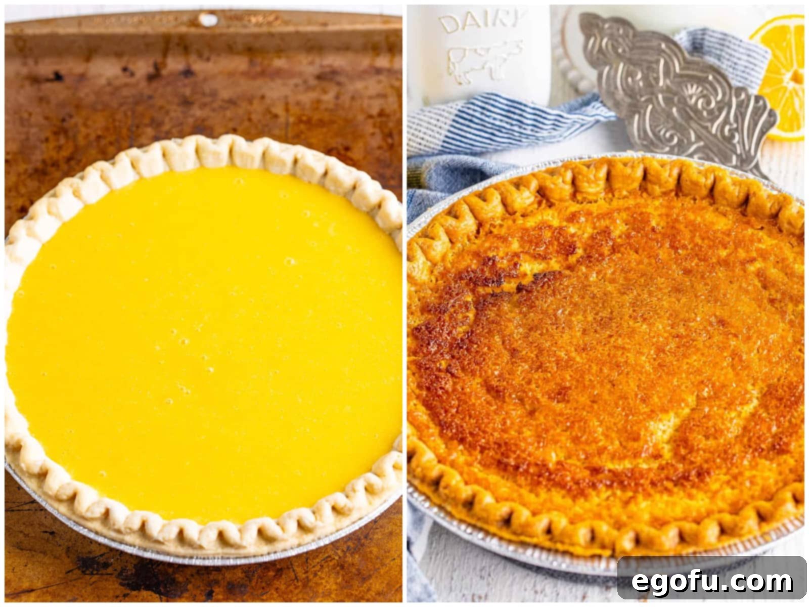 A collage of two photos: the first shows buttermilk pie batter poured into a pie crust, and the second shows a fully baked buttermilk pie with a golden-brown top.