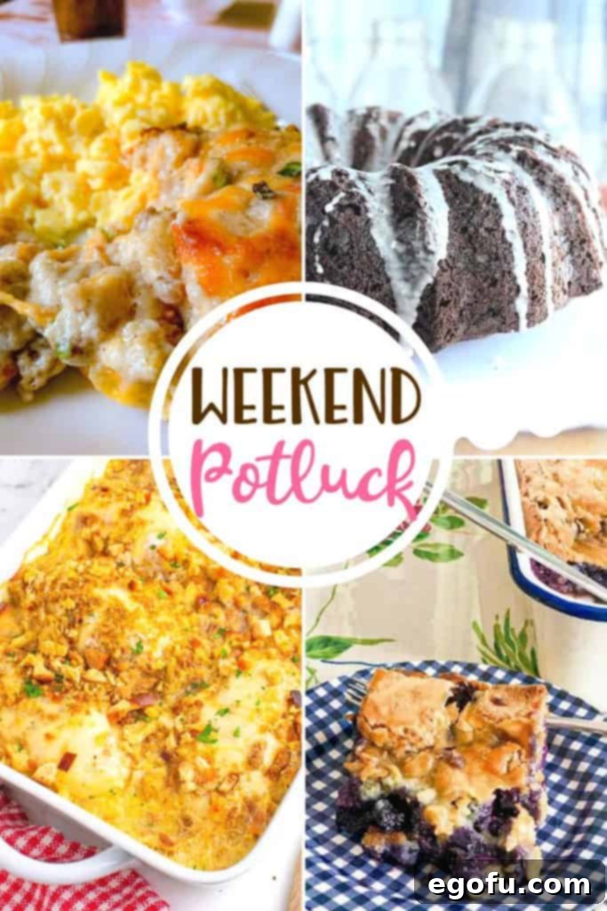 Weekend Potluck featured recipes include: Copycat Bob Evans Sausage Gravy Biscuit Casserole. Blueberry Gooey Butter Cake, Double Chocolate Sour Cream Bundt Cake and Swiss Chicken Casserole.