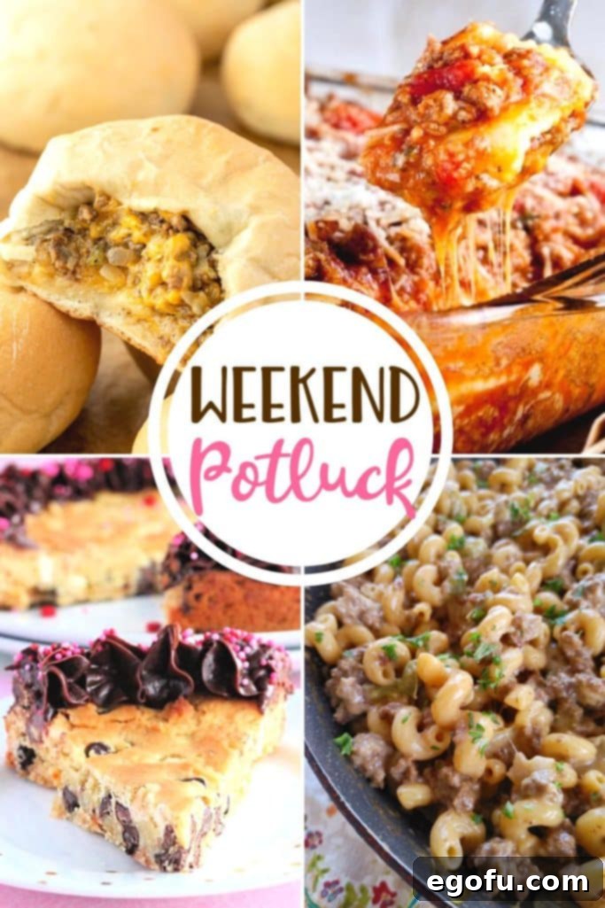 A vibrant collage of featured Weekend Potluck recipes: Bierocks with Cheese, Chocolate Chip Cookie Cake, Baked Ravioli Casserole, and The Best Philly Cheesesteak Pasta, showcasing diverse culinary delights for every taste.