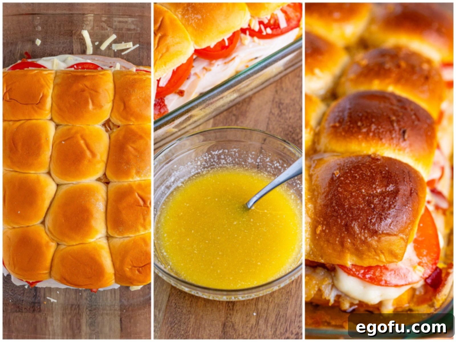 collage of three photos: top half of rolls put on top of sliders; melted butter sauce in a small bowl with a fork; fully baked Kentucky Hot Brown Sliders. 