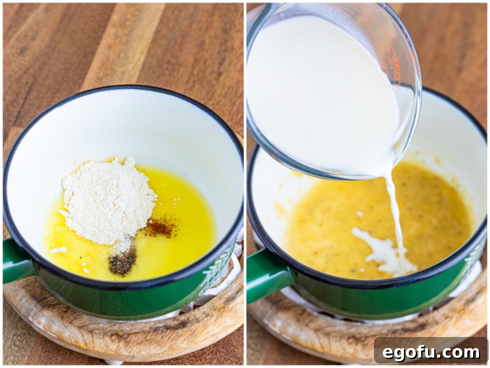 collage of two photos: flour, butter, nutmeg and pepper in a sauce pan; pouring milk into the sauce pan. 