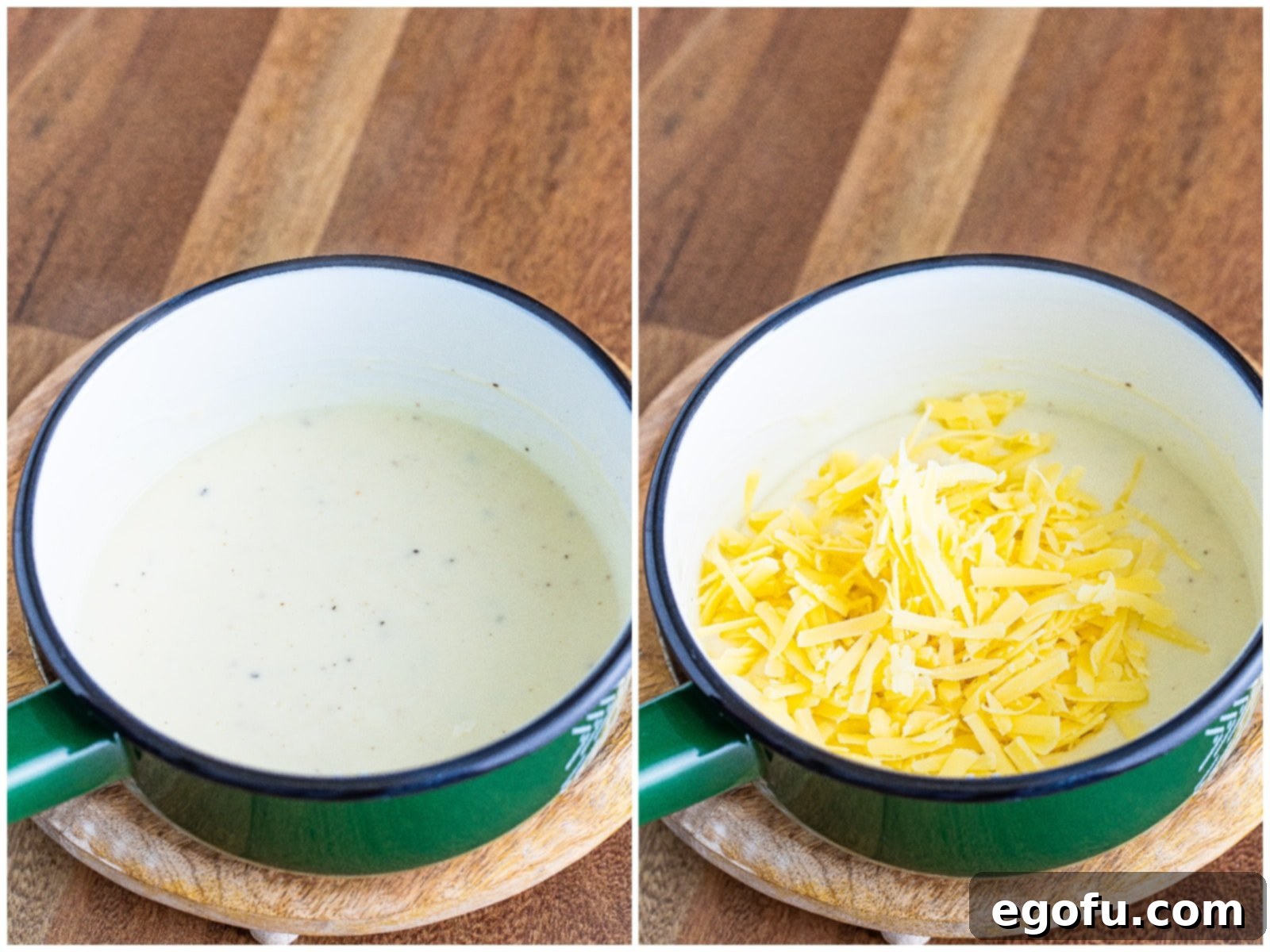 collage of two photos: milk and melted butter mixture in a sauce pan; shredded cheese added to saucepan. 