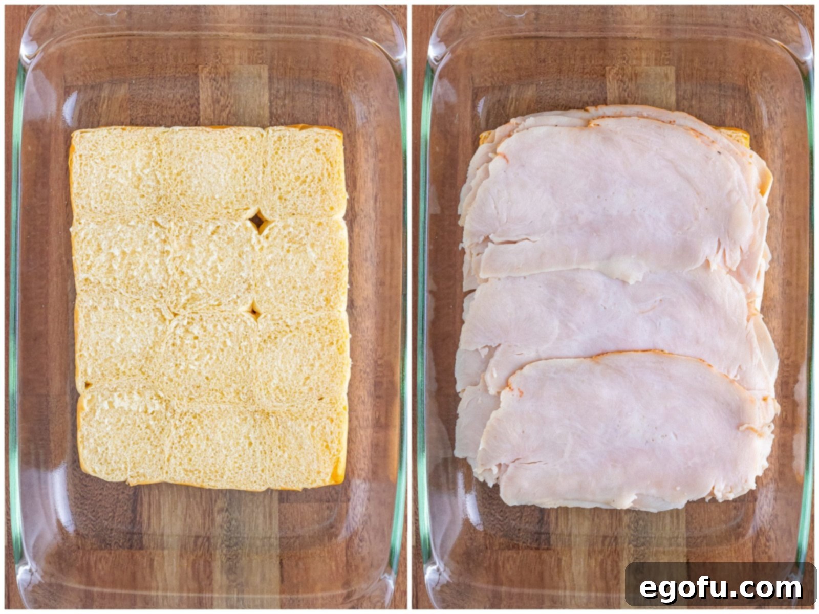 collage of two photos: bottom half of sliced Hawaiian rolls in a baking dish; turkey slices on top of Hawaiian Rolls. 