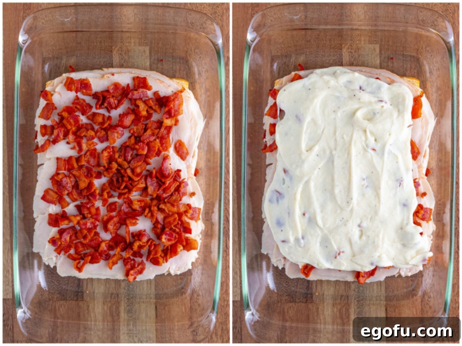 collage of two photos: fried bacon pieces on top of turkey layer; cheese sausage spread on top of bacon layer. 