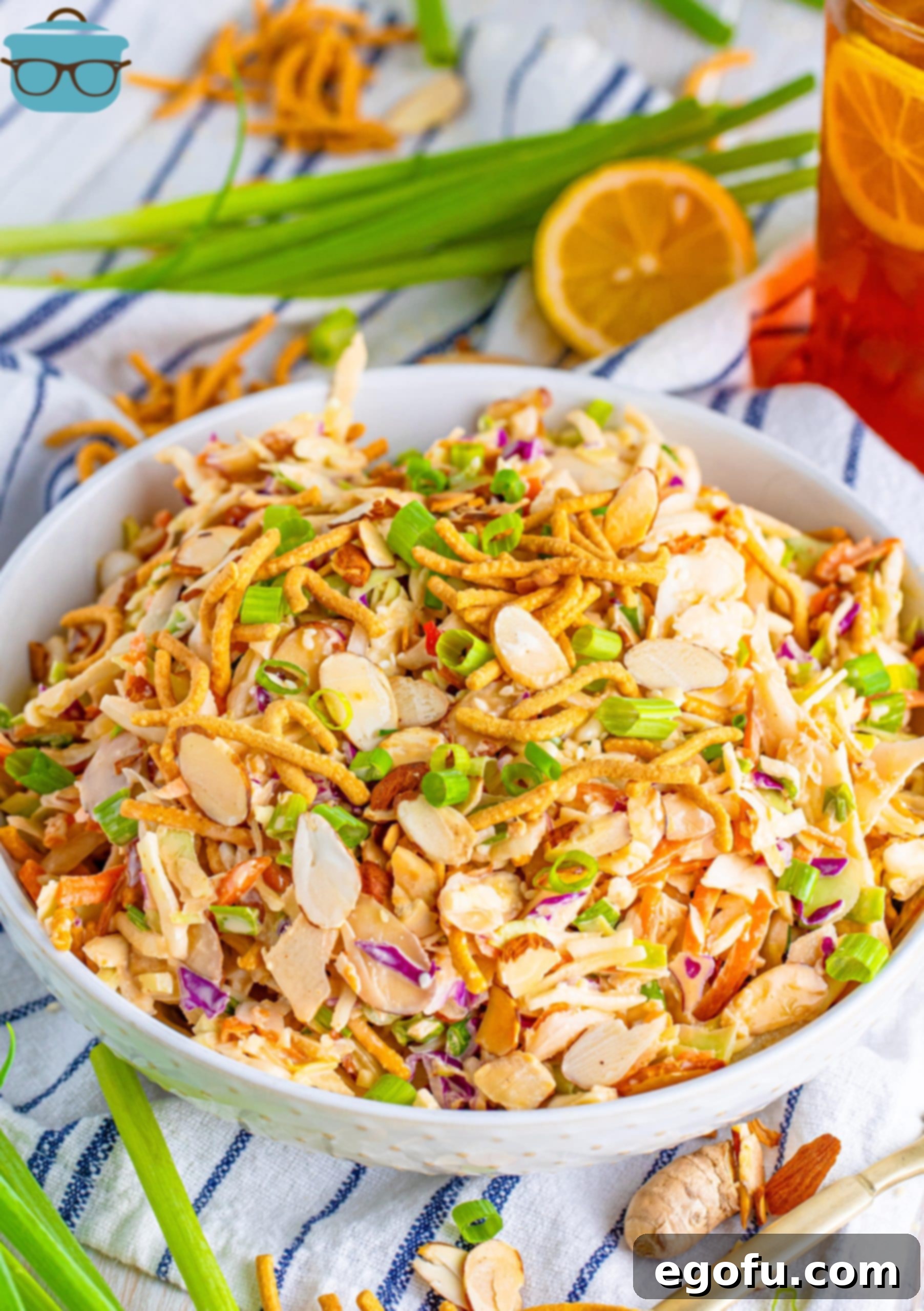 A big white bowl of Asian Slaw. 