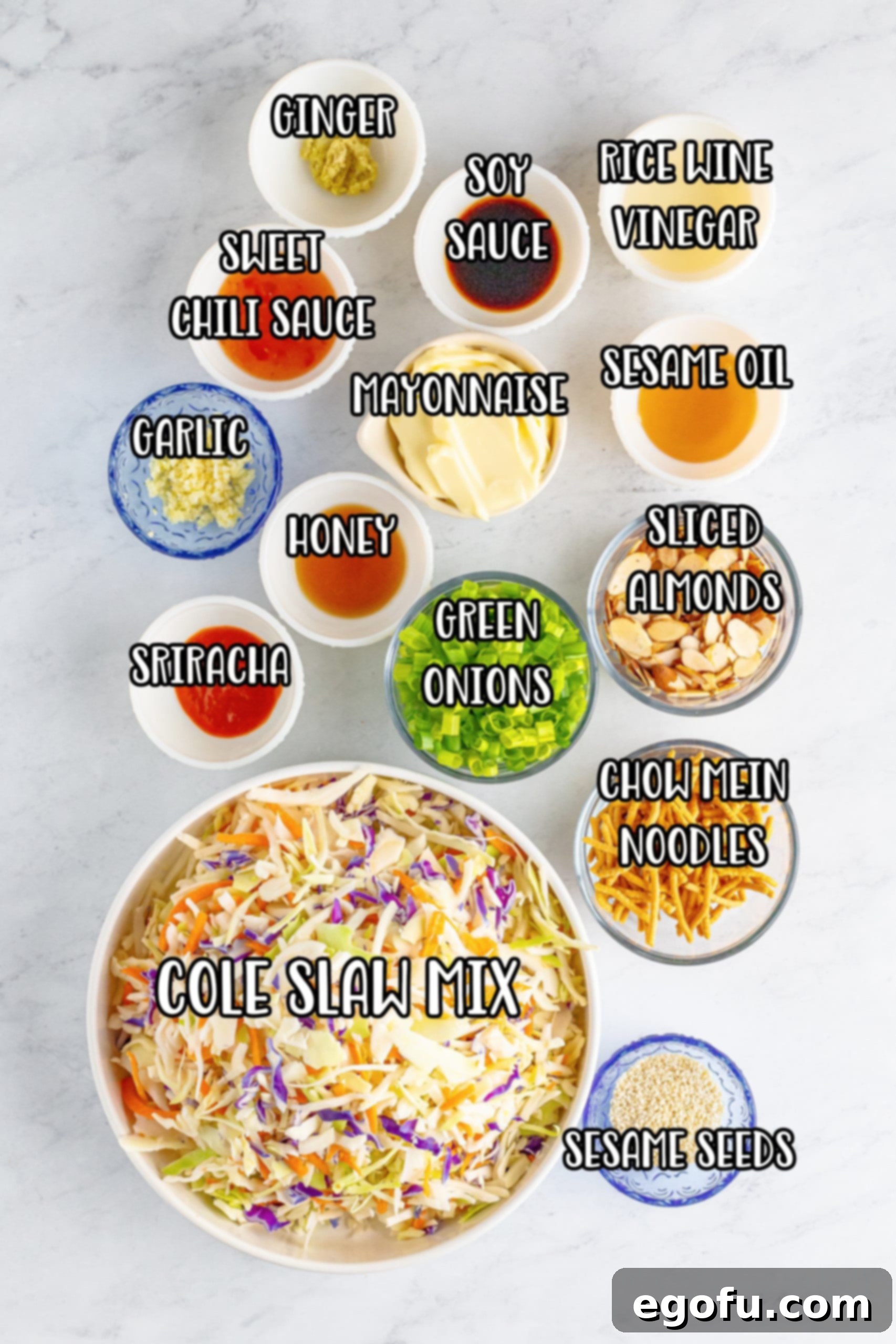 Cole slaw mix, rice wine vinegar, mayo, sesame oil, garlic, honey, sriracha, green onions, chow mein noodles, sweet chili sauce, soy sauce, ginger, and sliced almonds.