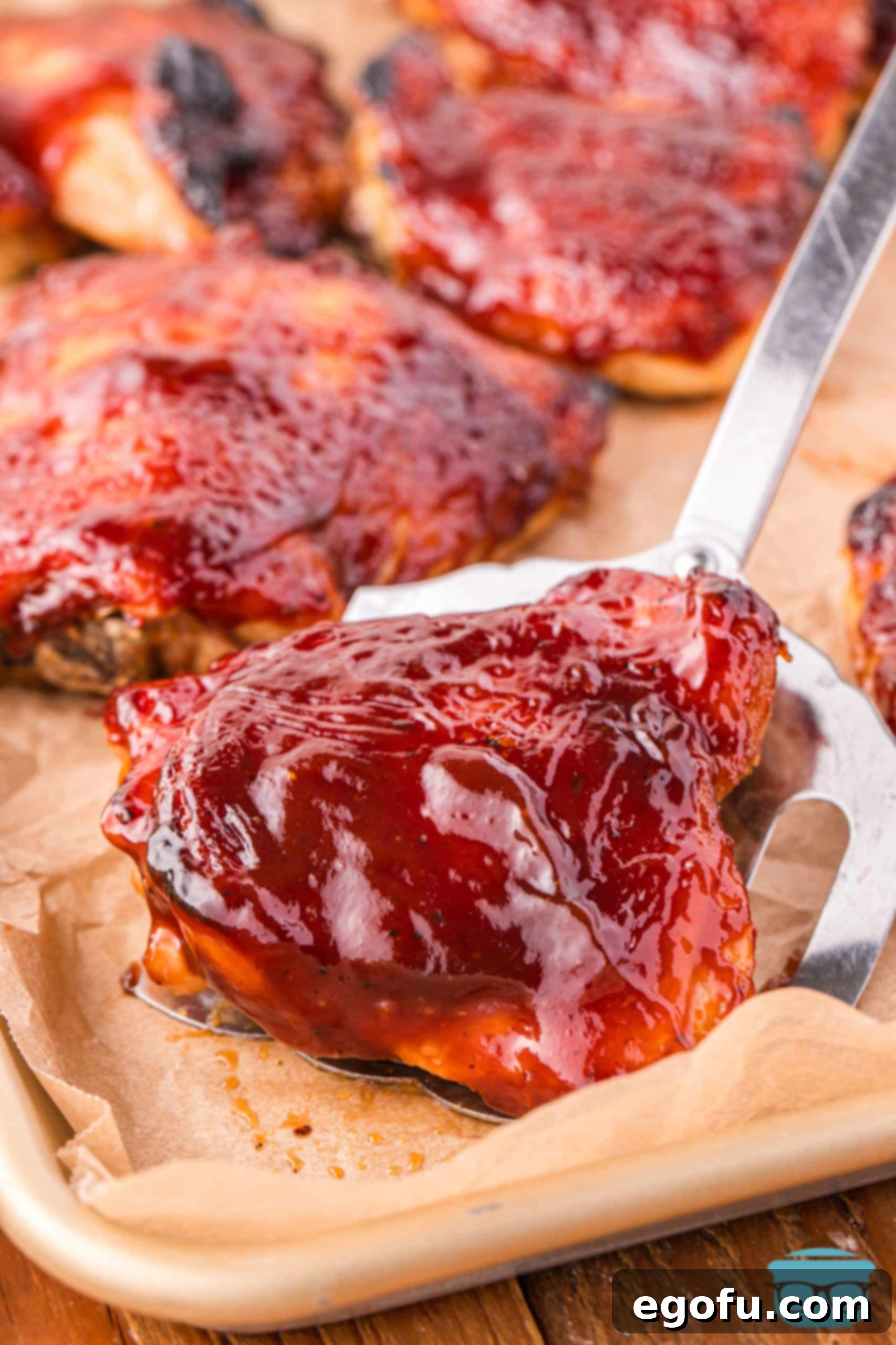 Smoky Barbecue Roasted Chicken Thighs 2 A BBQ Baked Chicken Thigh being removed from a pan with a metal spatula.