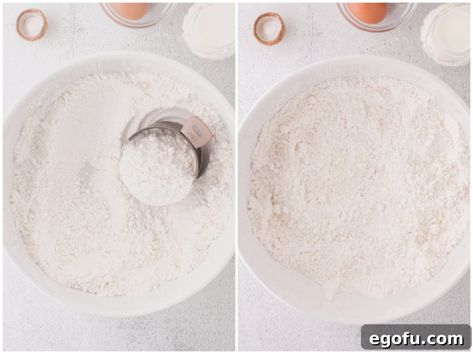 collage of two photos: a measuring cup scooping some cake mix out of a bowl; baking powder stirred into the cake mix.