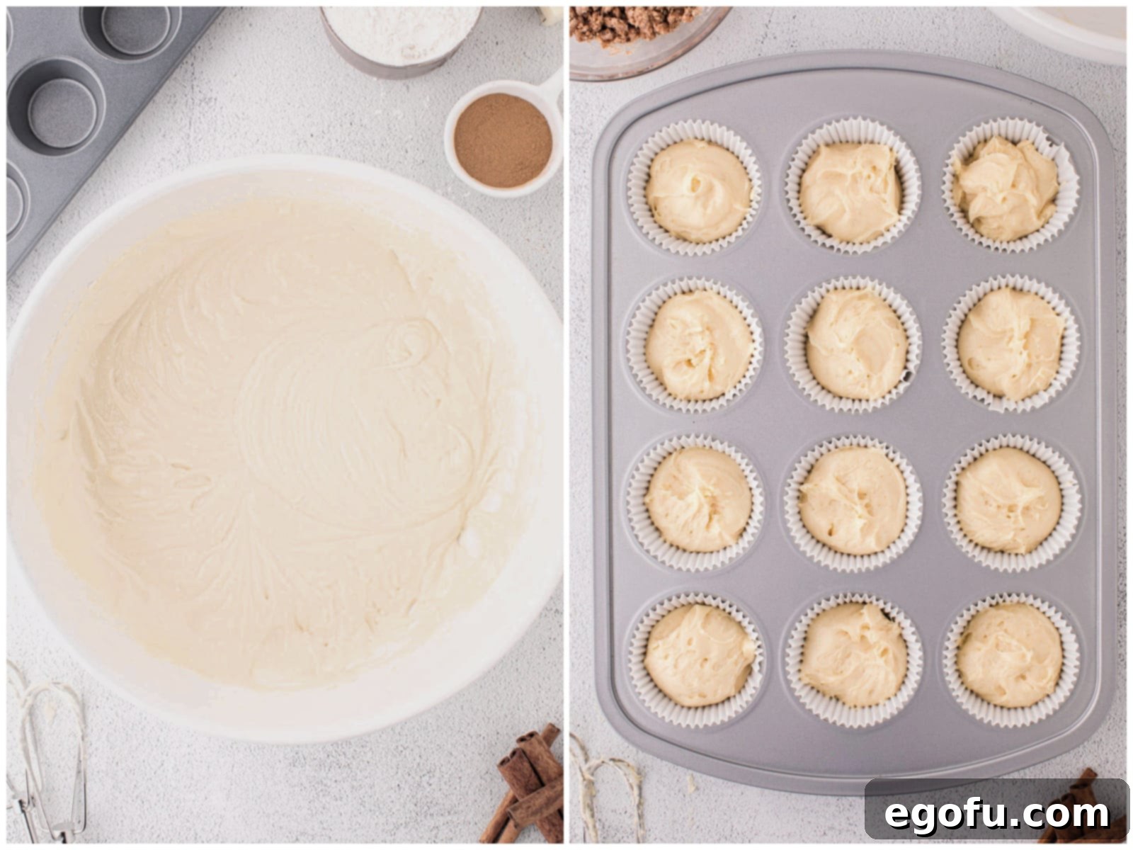 collage of two photos: fully mixed cake batter in a bowl; cake batter distributed into muffin tin.