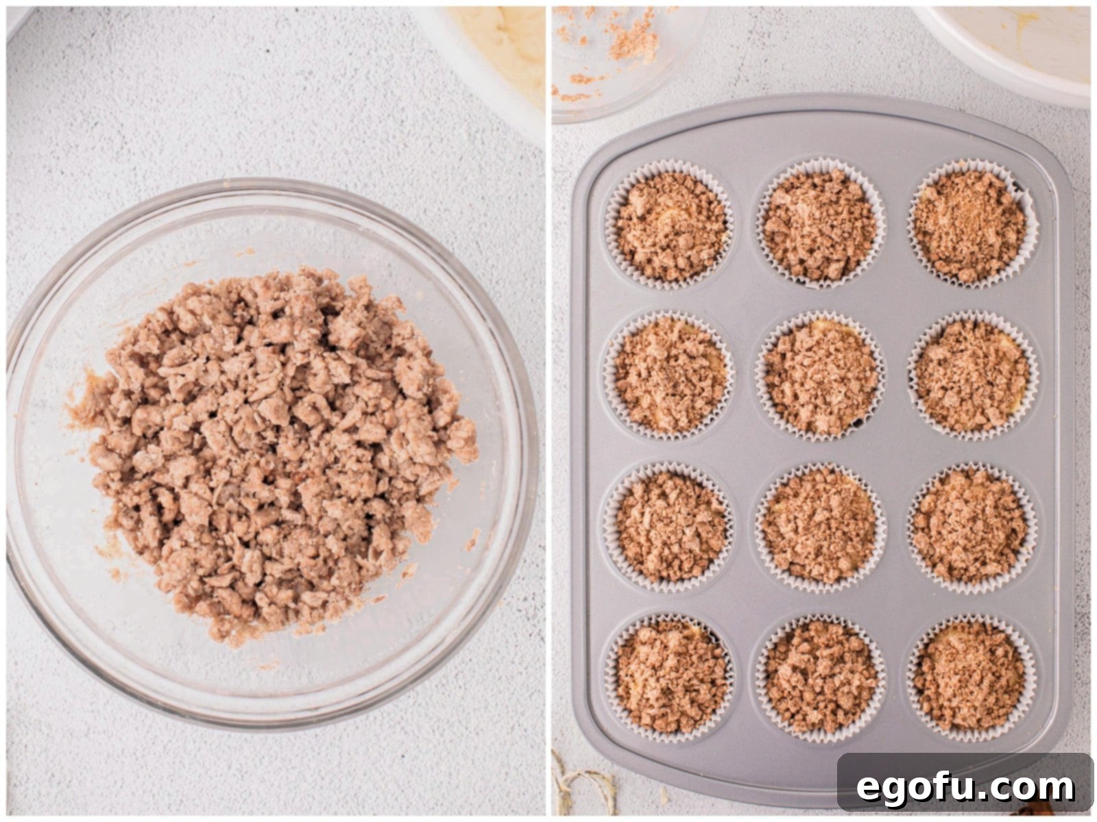collage of two photos: crumble mixture showing in a small bowl; crumble mixture sprinkled on top of muffin batter in muffin tin. 