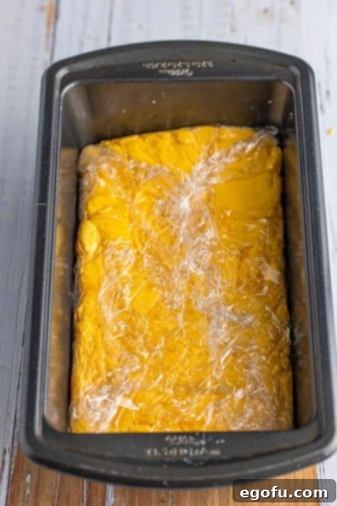 Plastic wrapped homemade Velveeta mixture in a loaf pan, ready for chilling.