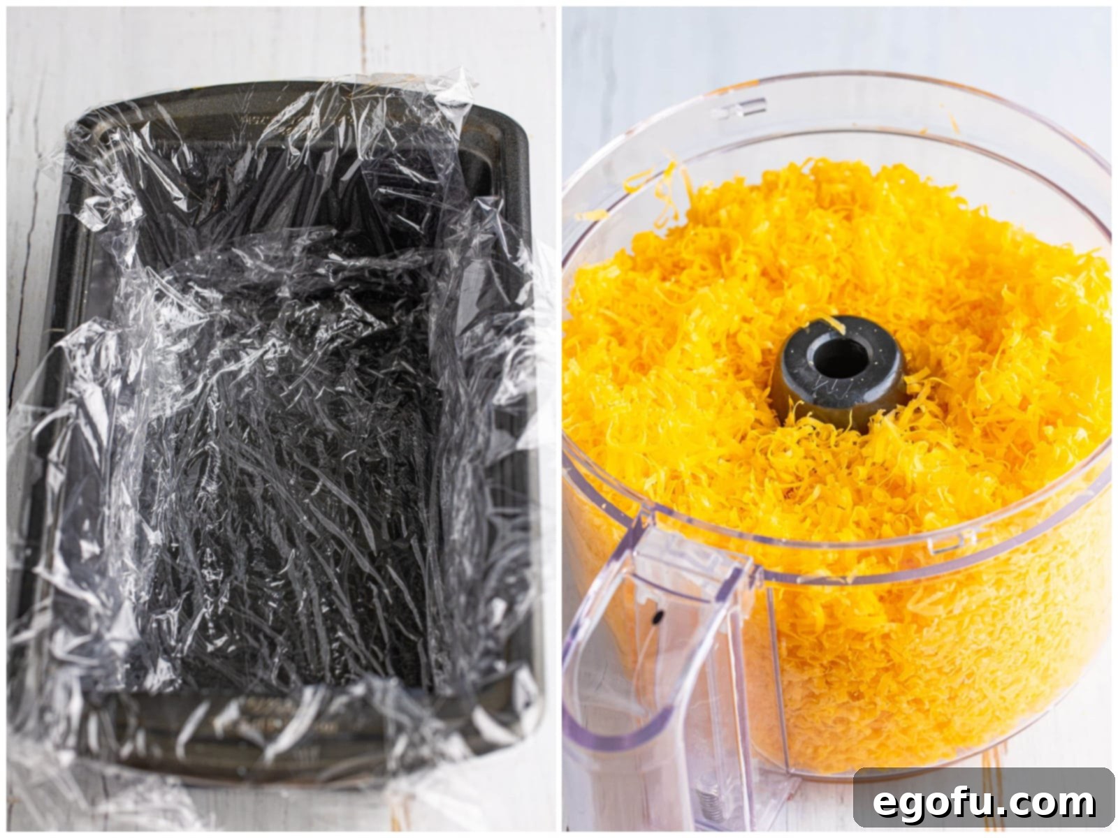 A two-panel collage showing a plastic-wrap-lined loaf pan on the left and a mound of freshly shredded cheddar cheese inside a food processor on the right, ready for processing.