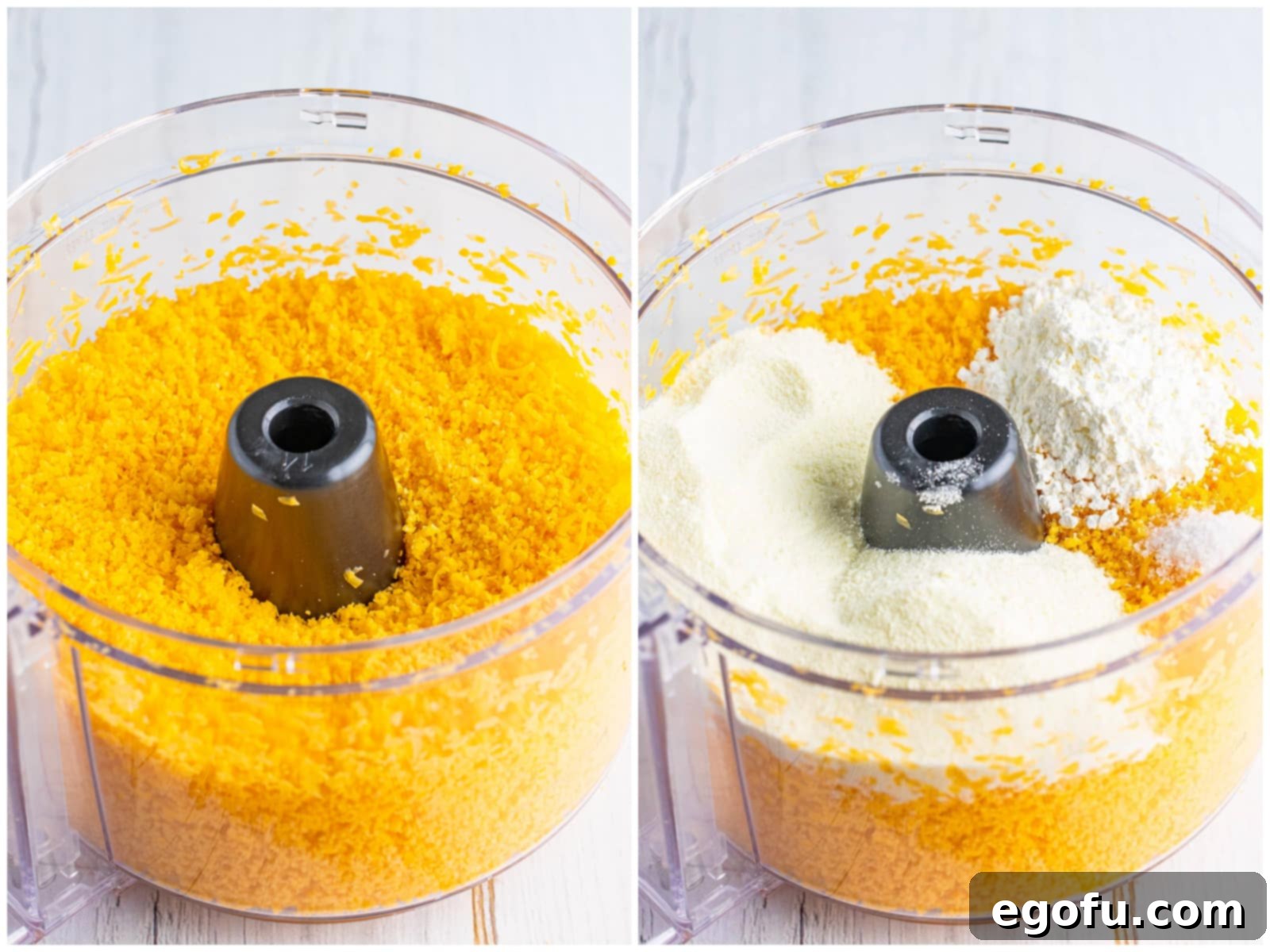 A two-panel collage showing super finely shredded cheese in a food processor on the left, and the addition of milk powder, cornstarch, and salt to the food processor on the right, ready for blending.