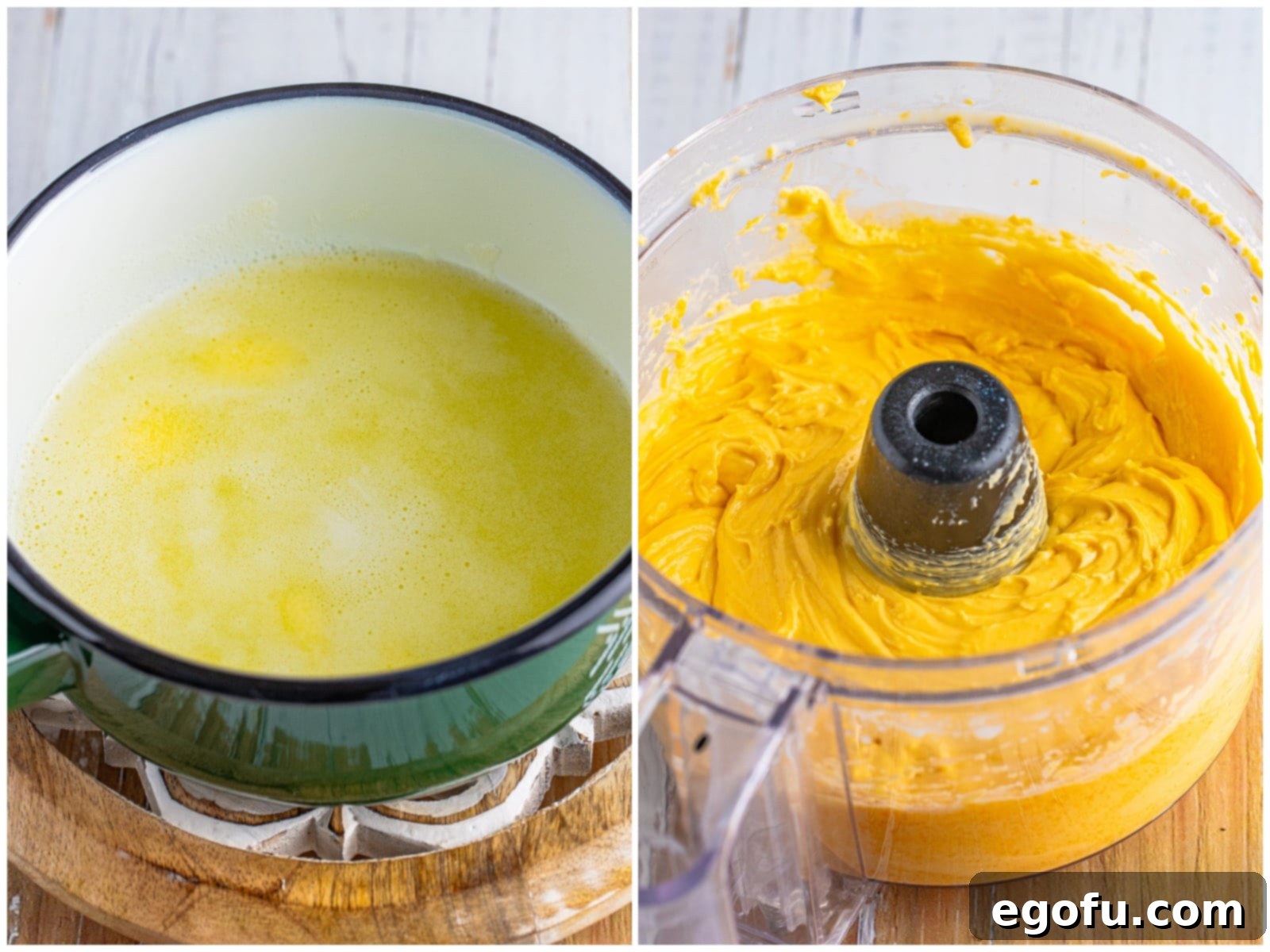 A two-panel collage showing boiling water and melted butter in a small saucepan on the left, and a food processor actively blending the ingredients into a soft, smooth cheese mixture on the right.