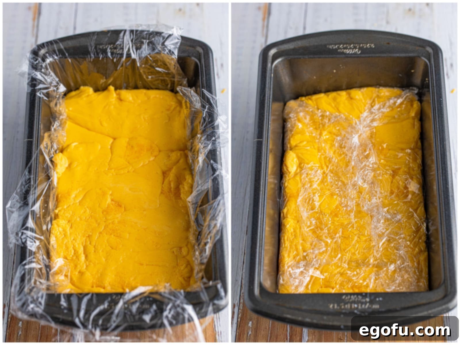 A two-panel collage showing a plastic-wrap-lined loaf pan filled with the homemade Velveeta mixture on the left, and the fully wrapped cheese in the loaf pan, ready for chilling, on the right.