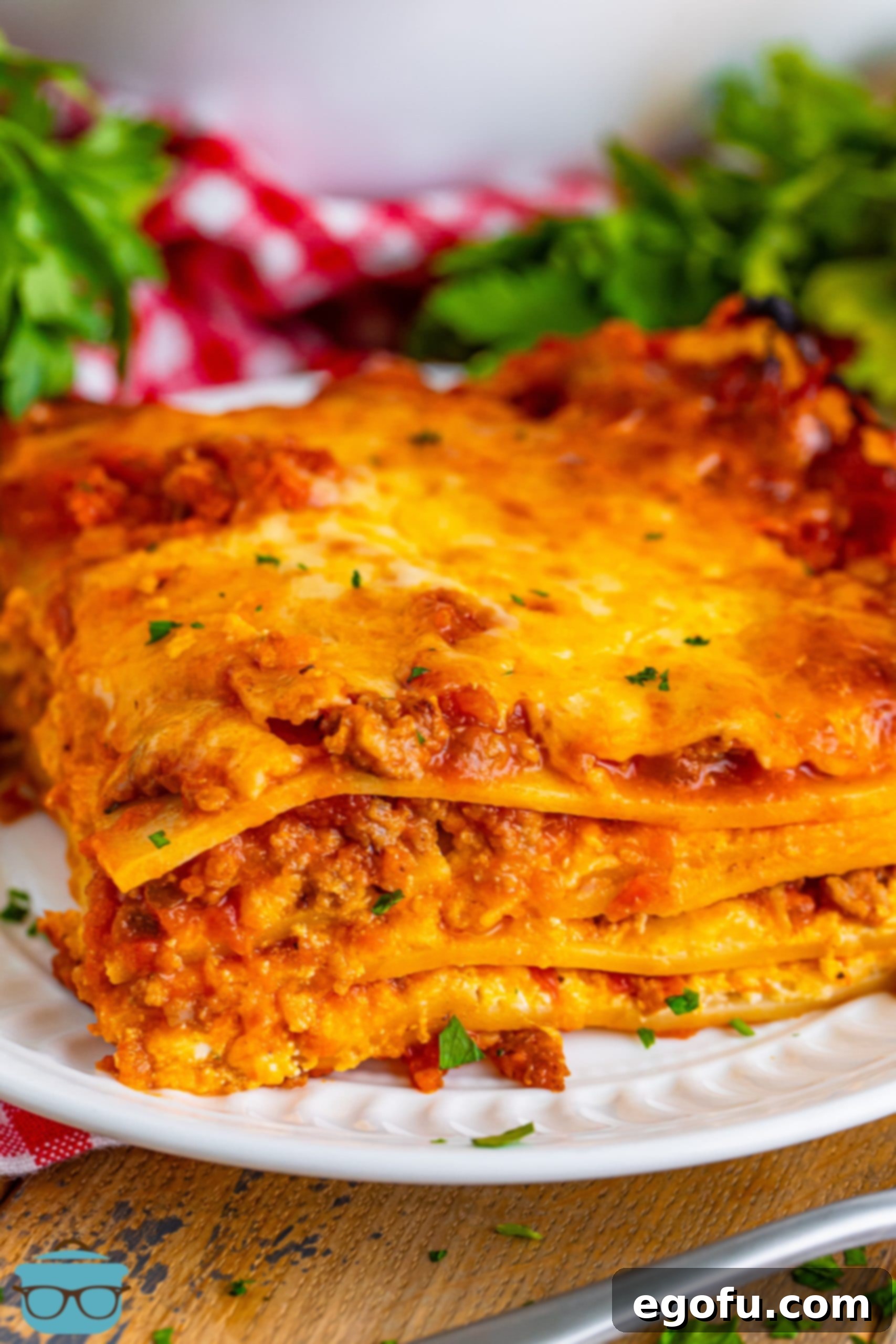 Cozy Lasagna Dinner for Two 2 A plate with a serving of Lasagna for Two, showcasing its delicious layers and golden-brown top.