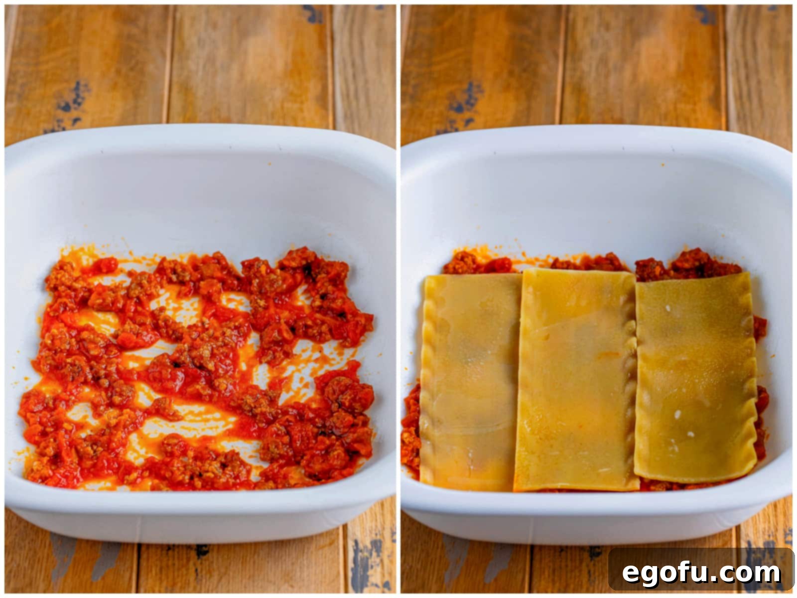 Cozy Lasagna Dinner for Two 7 A collage illustrating the beginning of lasagna assembly: a casserole dish with a layer of marinara sauce spread evenly at the bottom, followed by three cooked lasagna noodles carefully placed on top of the sauce, trimmed to fit the dish.
