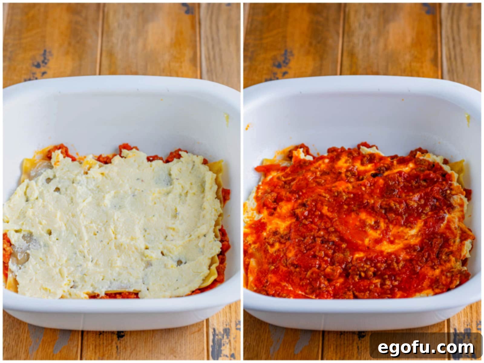 Cozy Lasagna Dinner for Two 8 A collage showing the progression of lasagna layering: the creamy ricotta cheese mixture spread meticulously on top of the noodles and sauce in a baking dish, followed by another generous layer of marinara sauce spread evenly over the ricotta.