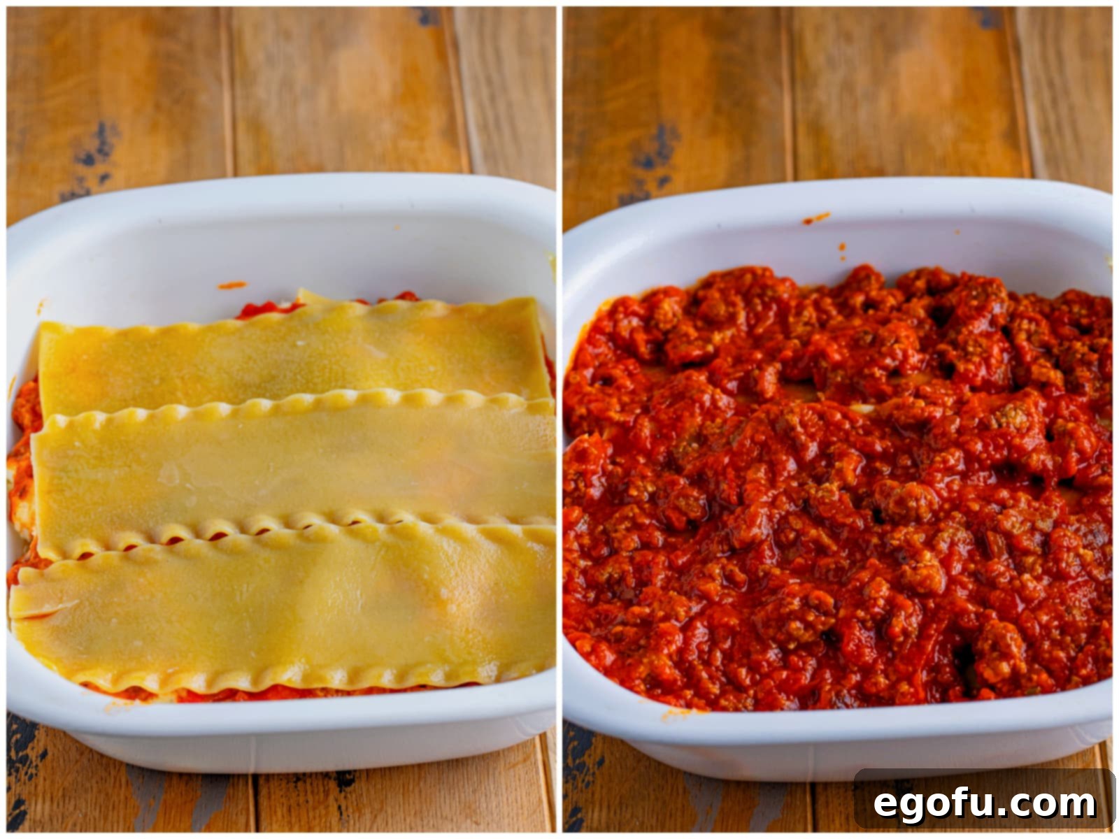 Cozy Lasagna Dinner for Two 9 A collage detailing the final stages of lasagna assembly: the last layer of perfectly cooked lasagna noodles carefully placed on top, followed by the generous spread of the final layer of marinara sauce, ensuring full coverage and richness.