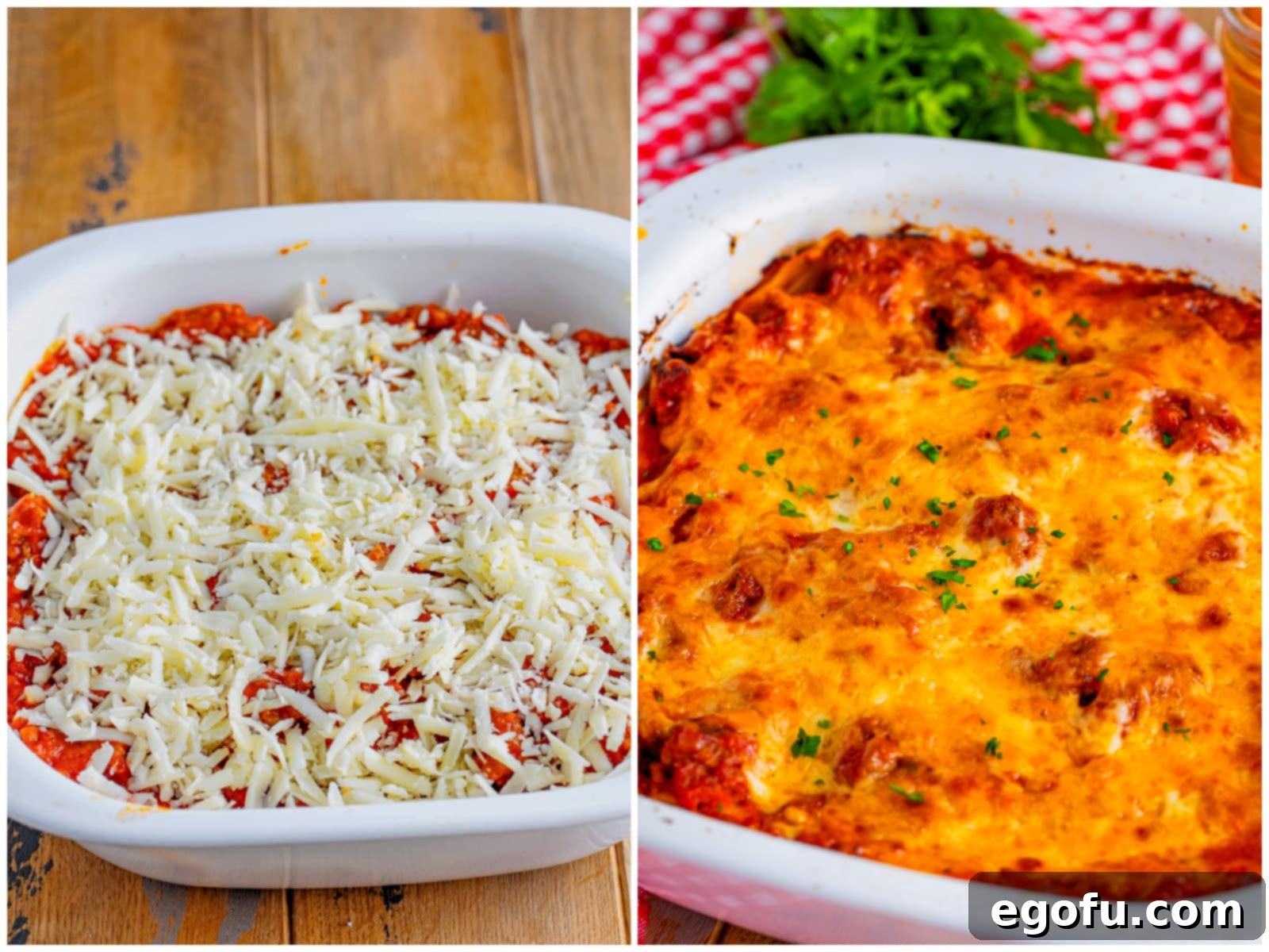 Cozy Lasagna Dinner for Two 10 A collage showcasing the final stages of lasagna preparation: shredded mozzarella cheese being generously sprinkled over the layered lasagna, and the fully baked, bubbly lasagna proudly presented in its casserole dish, with a golden-brown top.