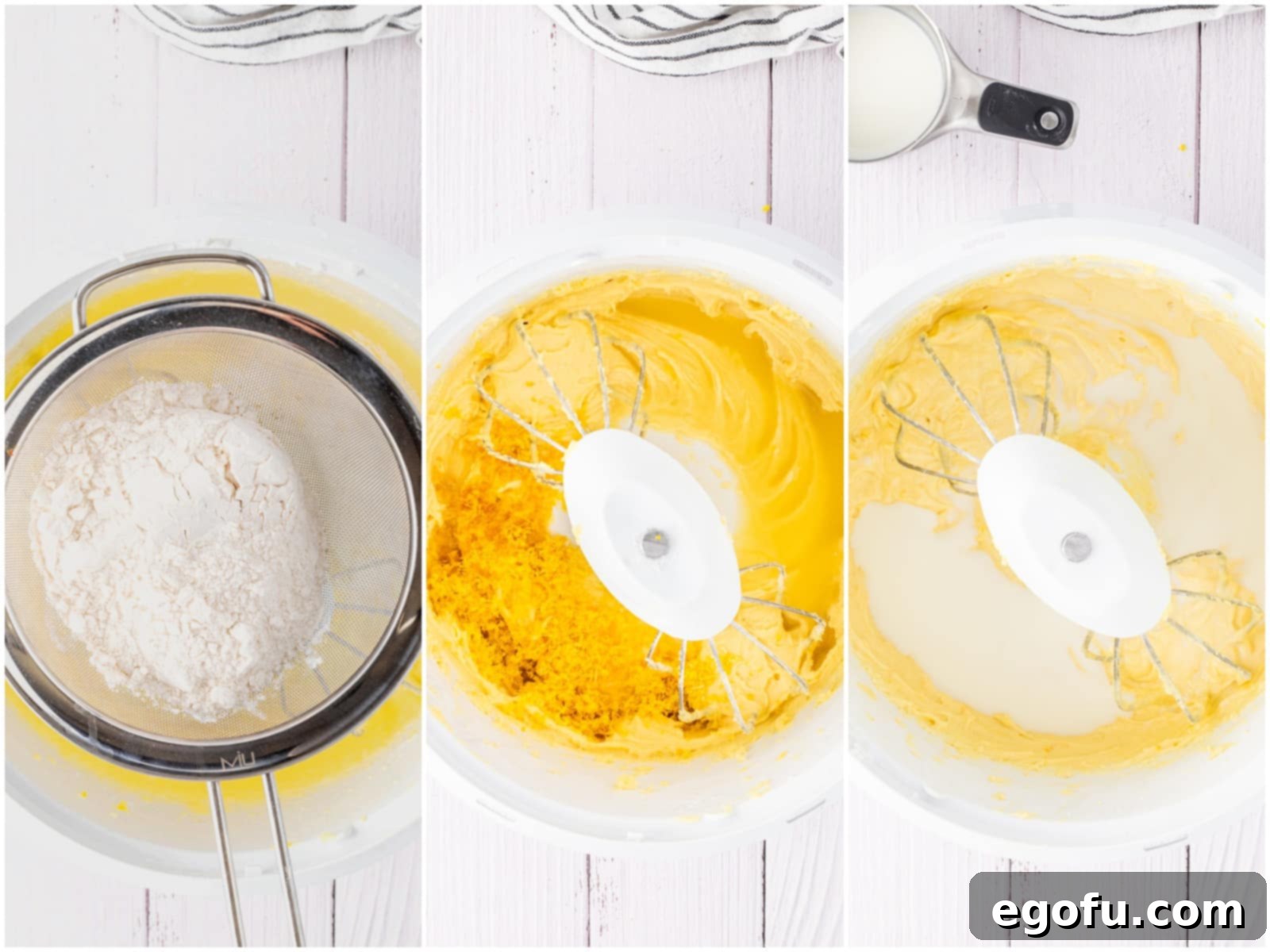 Collage of three photos: Flour being sifted, lemon zest added, and warm milk gradually poured into the cake batter.
