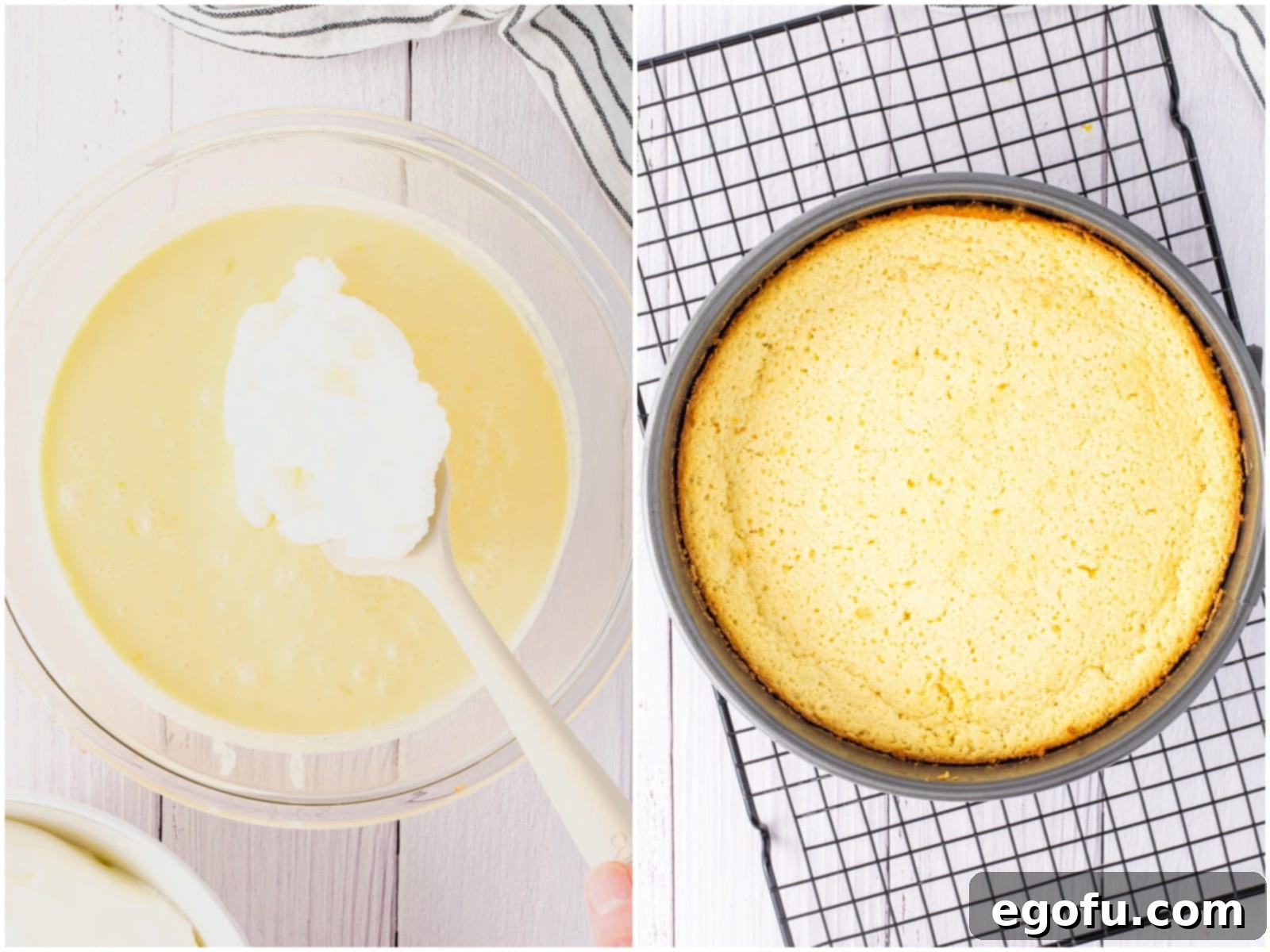 Collage of two photos: Gently folding in beaten egg whites to the batter, and the fully baked Lemon Magic Cake in its pan.