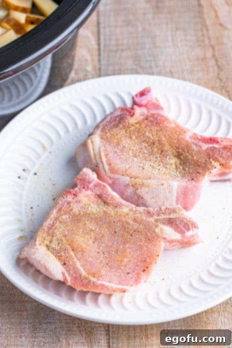 Easy One-Pot Pork Chops and Potatoes for Two 11 Seasoned pork chops on a plate.