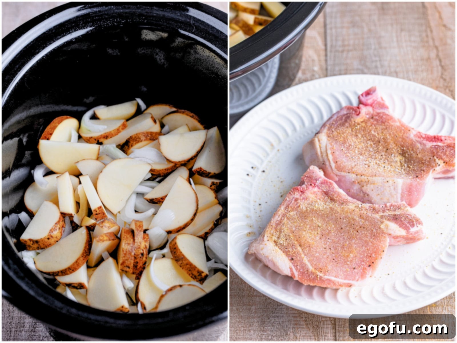 Easy One-Pot Pork Chops and Potatoes for Two 5 collage of two photos: sliced potatoes and onions in a Crock Pot; two seasoned pork chops on a plate.