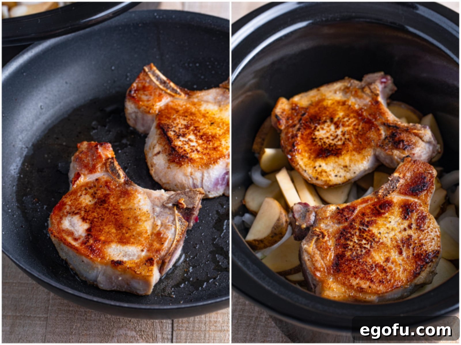 Easy One-Pot Pork Chops and Potatoes for Two 6 collage of two photos: browned pork chops oil a skillet; browned pork chops placed on top of potatoes and onions in crock pot.