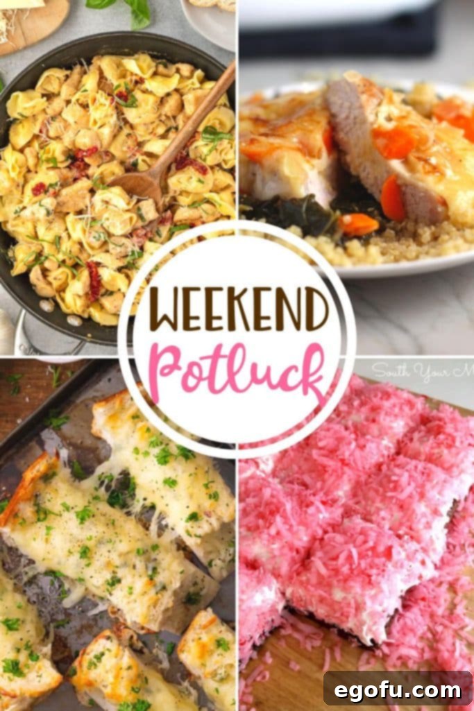 A collage of four tempting dishes from the Weekend Potluck, featuring a hearty Smothered Pork Chop Casserole, golden-brown Mozzarella Bread, creamy Marry Me Chicken Tortellini, and decadent Sno Ball Brownies. Perfect for family dinners and special occasions.