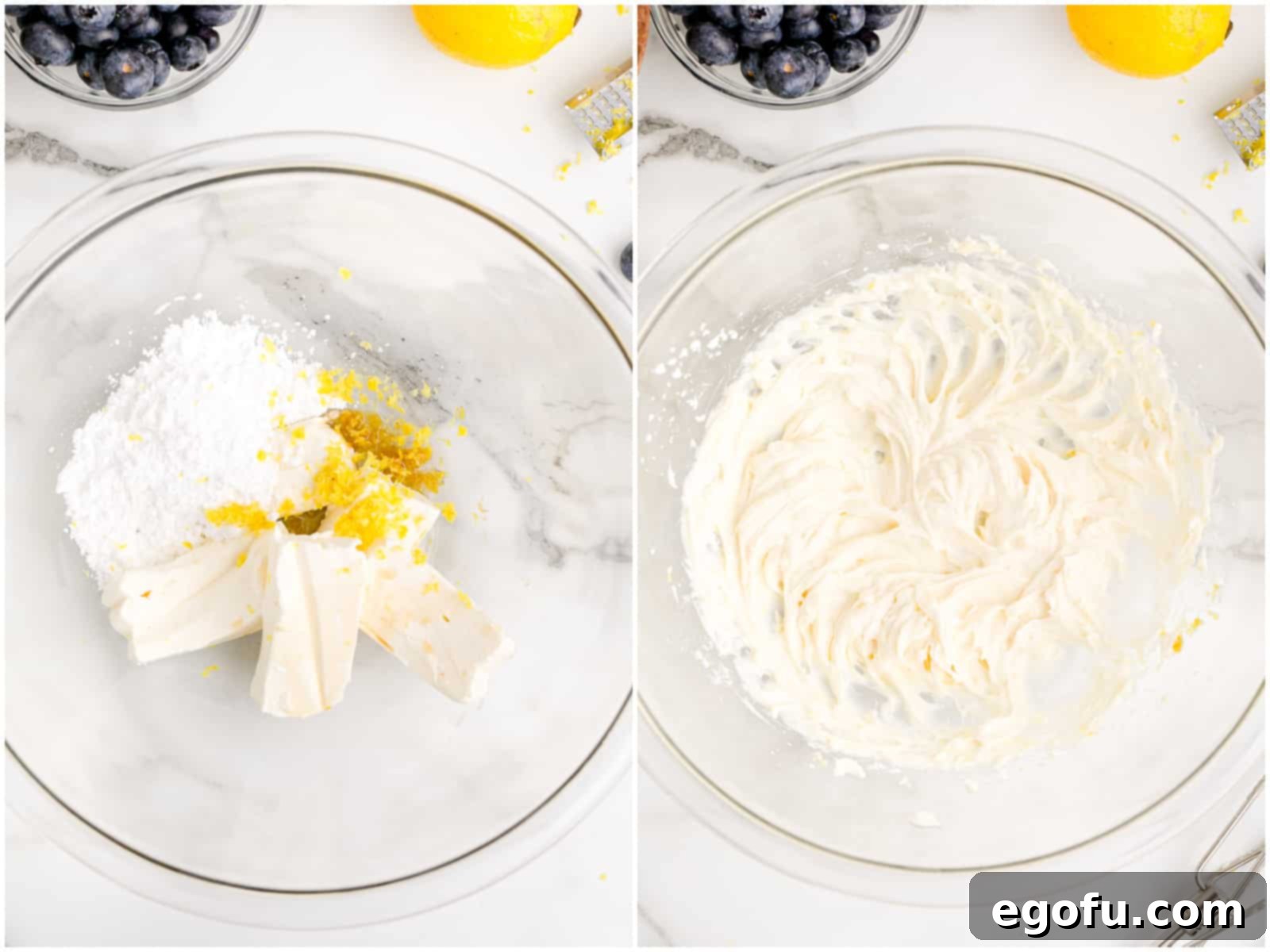 A collage showing the creamy cheesecake filling ingredients being mixed until smooth.