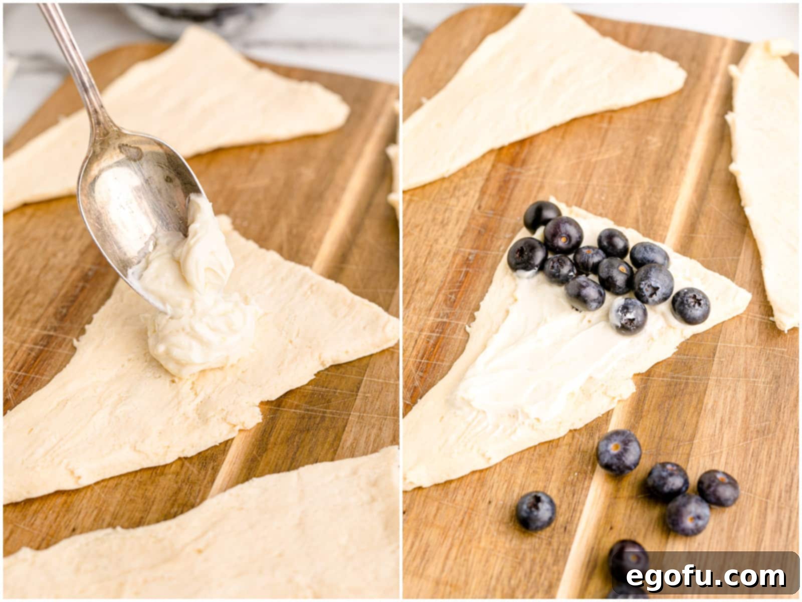 A collage demonstrating the cheesecake mixture being spread onto crescent roll dough, followed by the placement of fresh blueberries.