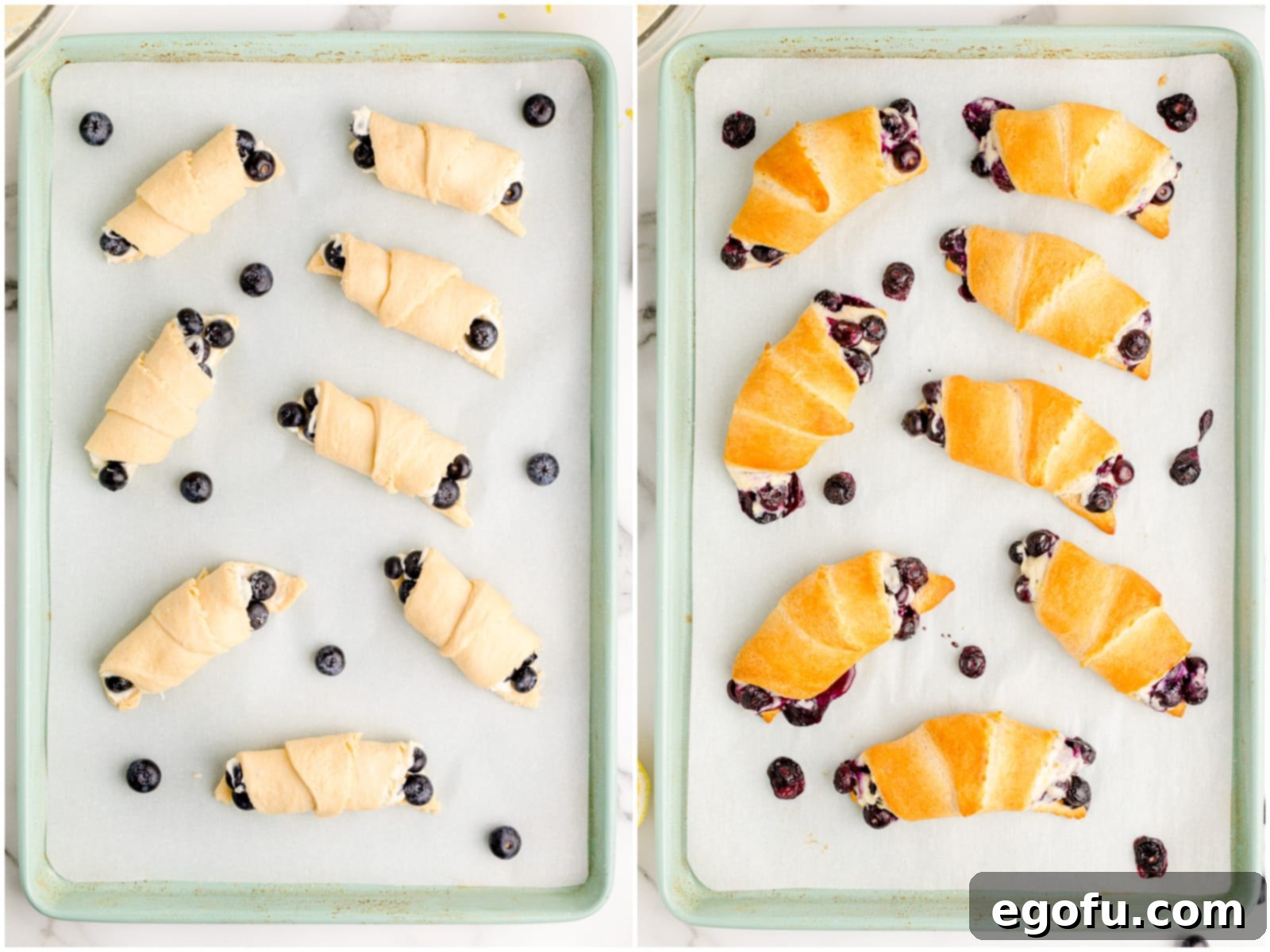 A collage displaying unbaked blueberry cheesecake crescent rolls arranged on a baking sheet, contrasted with a picture of the same rolls, perfectly baked to a golden hue.