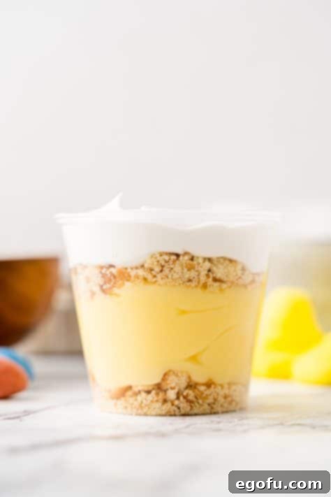 A cup with layers of pudding, cookie crumbs, and whipped topping.