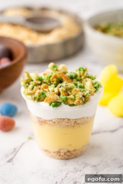 A layered dessert with cookie crumbs, whipped topping, and pudding.