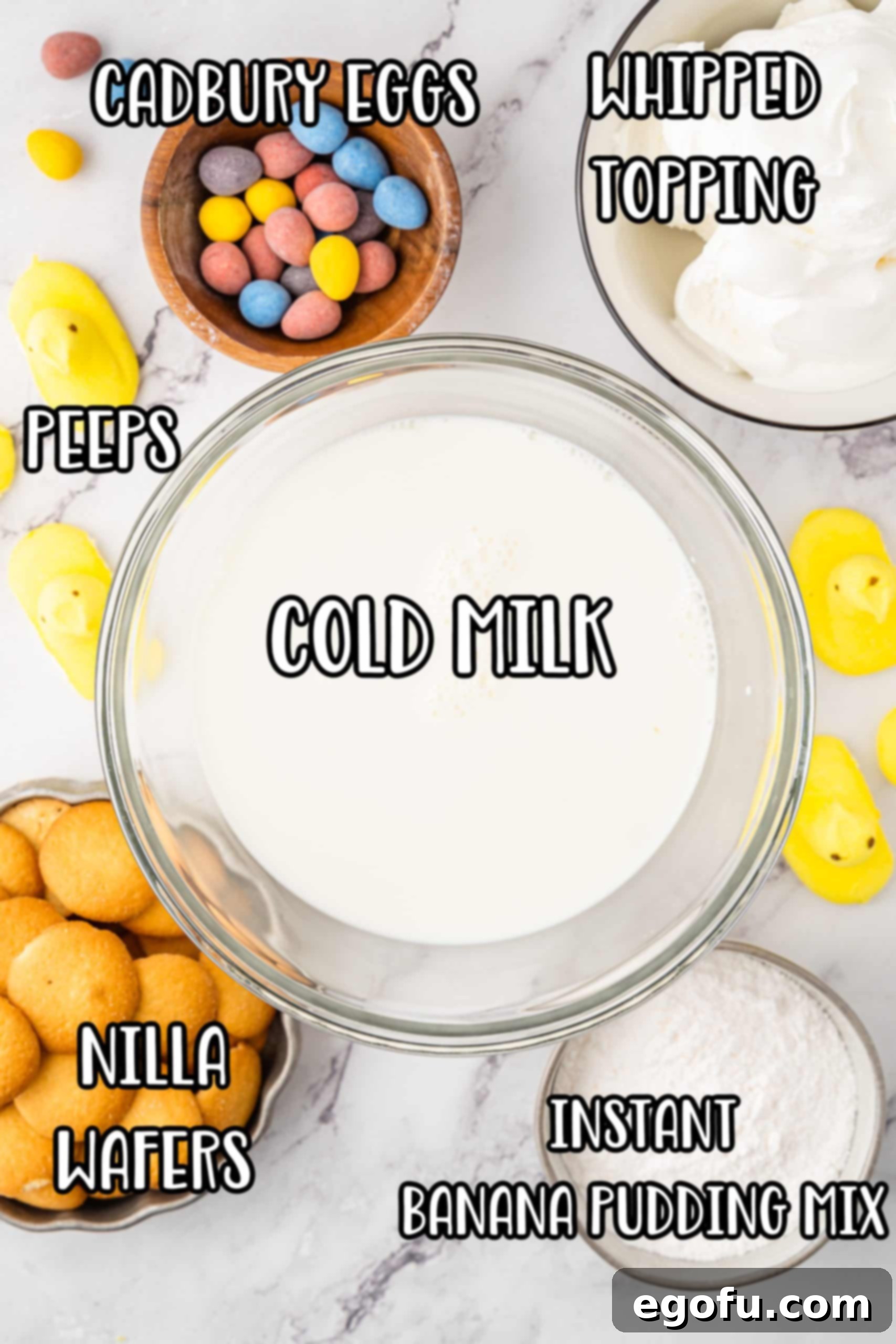 A collage of ingredients for Easter Banana Pudding Cups, including banana cream pudding mix, Nilla wafers, green food dye, milk, whipped topping, Peeps, and chocolate eggs.