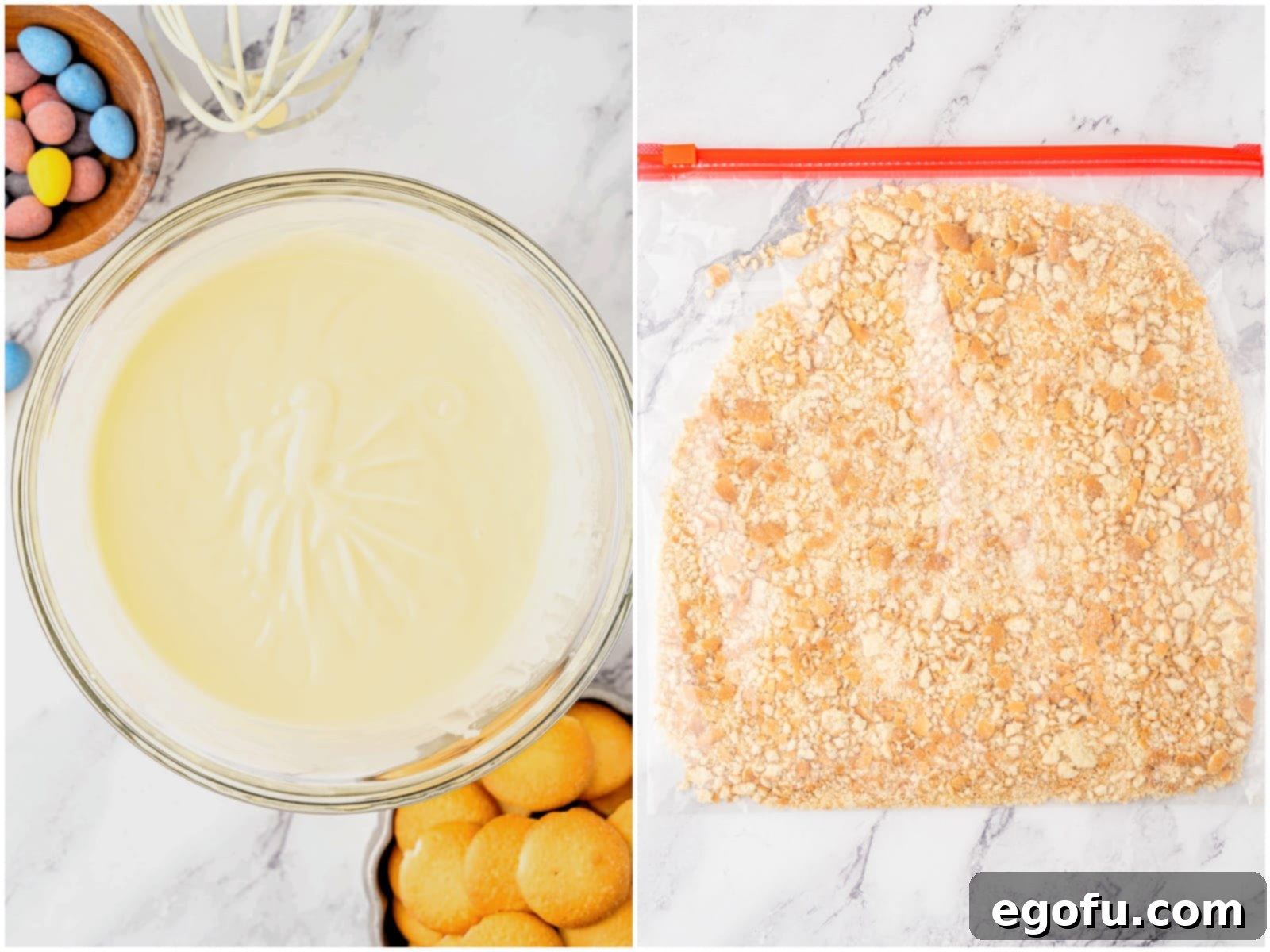 A collage showing two steps: banana pudding mix and milk blended in a bowl, and crushed Nilla wafers in a sealed bag.