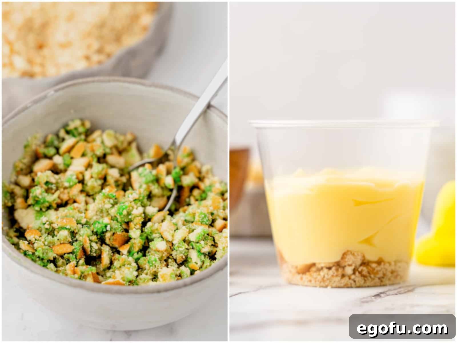 A collage showing two steps: green-colored Nilla wafer crumbs in a bowl, and a plastic cup layered with plain cookie crumbs and banana pudding.