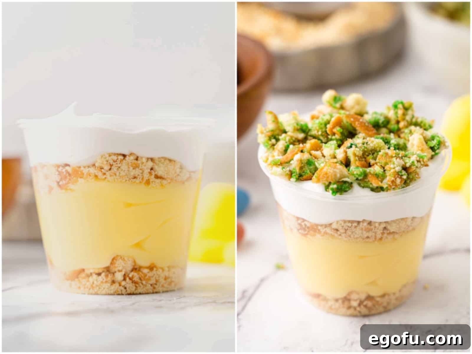 A collage showing two steps: a pudding cup with layers of pudding, wafers, and whipped topping, and green cookie crumbs being sprinkled on top.