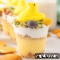 Looking closely at an Easter Banana Pudding Cup dessert.