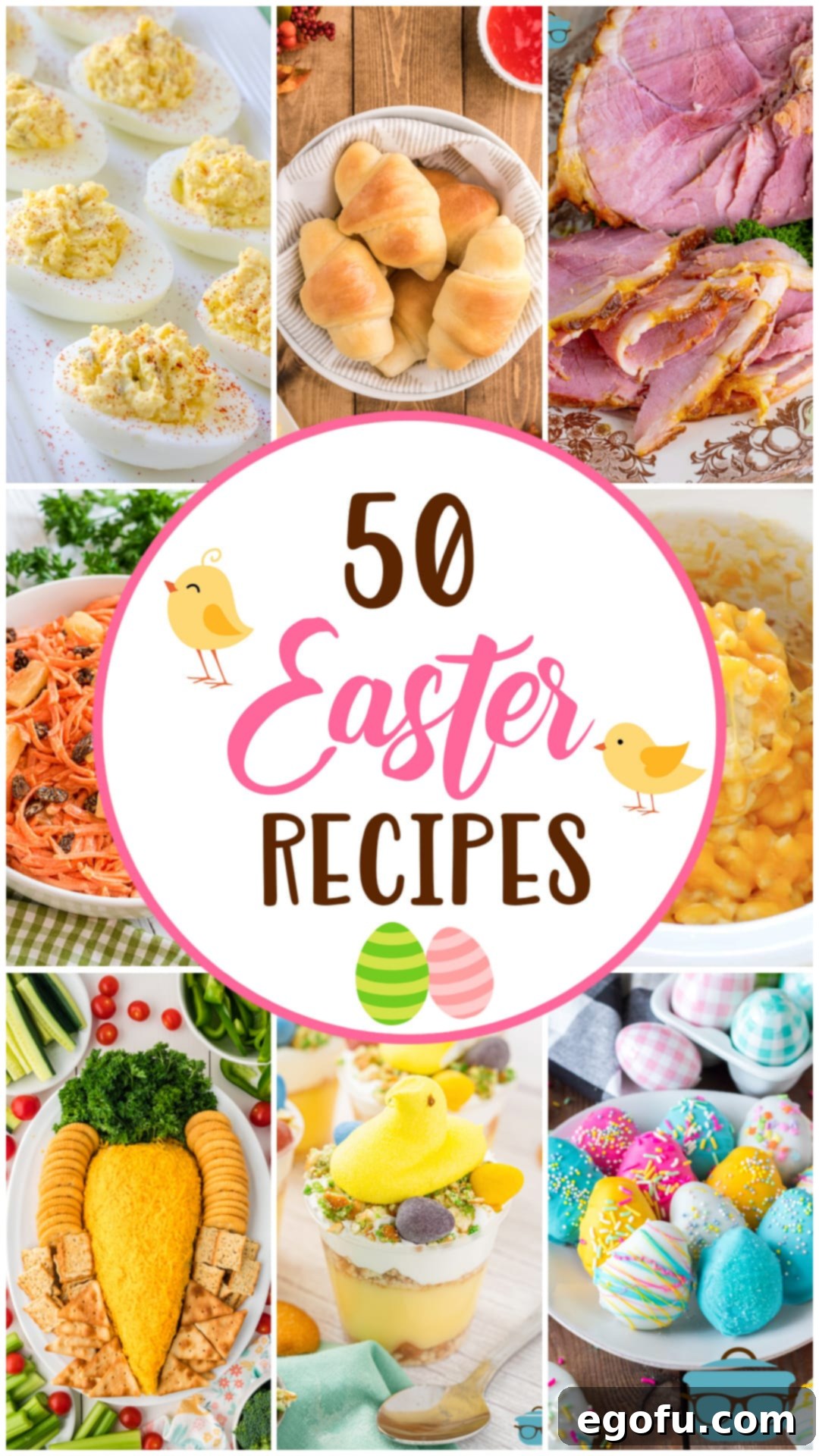 A vibrant collage of nine photos showcasing various delectable Easter dishes, with text in the center proudly announcing "50 Easter Recipes".