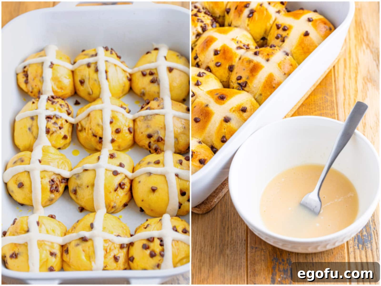 Indulgent Chocolate Hot Cross Buns 11 collage of two photos: crosses made on hot cross buns in a baking dish; powdered sugar and milk mixed together in a bowl.