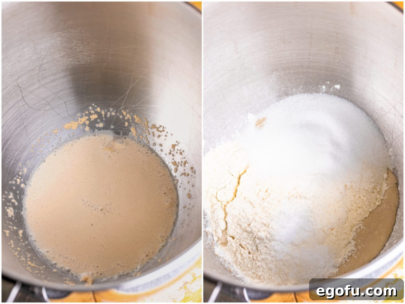 Indulgent Chocolate Hot Cross Buns 5 collage of two photos: yeast blooming in a mixing bowl; water, yeast, flour, sugar, and salt in a mixing bowl.