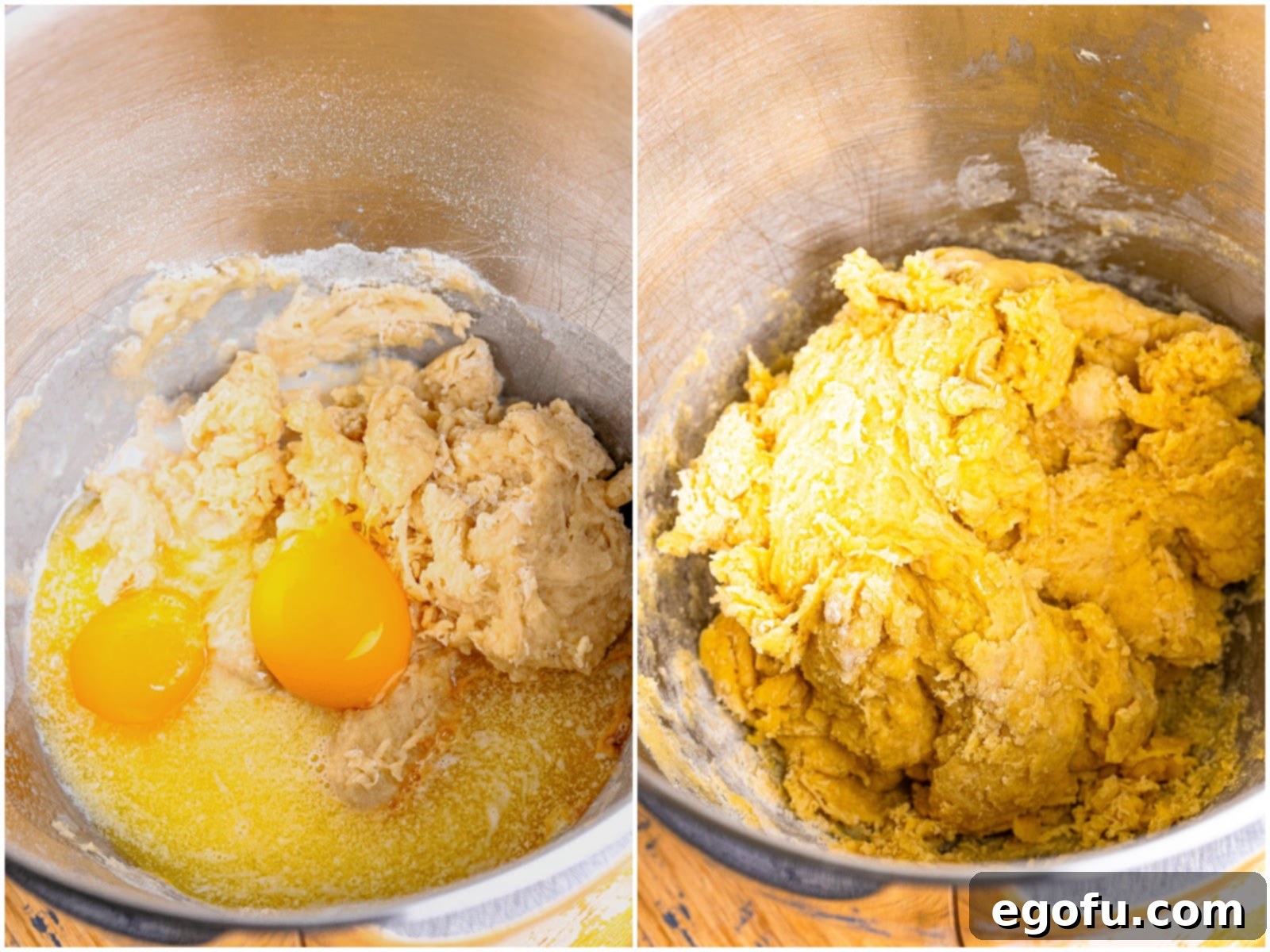 Indulgent Chocolate Hot Cross Buns 6 collage of two photos: eggs and some other ingredients for Hot Cross Bun dough; dough being mixed in stand mixer bowl.