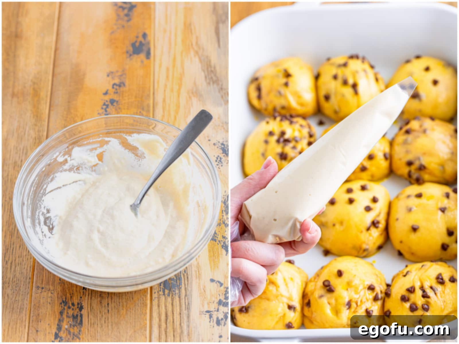 Indulgent Chocolate Hot Cross Buns 10 collage of two photos: water and flour stirred together in a bowl; flour paste mixture put into a piping bag.