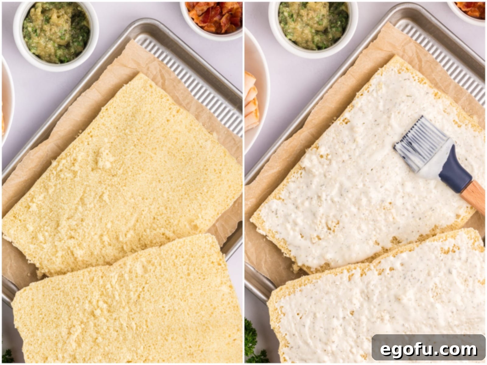 collage of two photos: bottoms of Hawaiian Rolls on a parchment lined baking sheets; a pastry brush spreading ranch butter on the rolls.